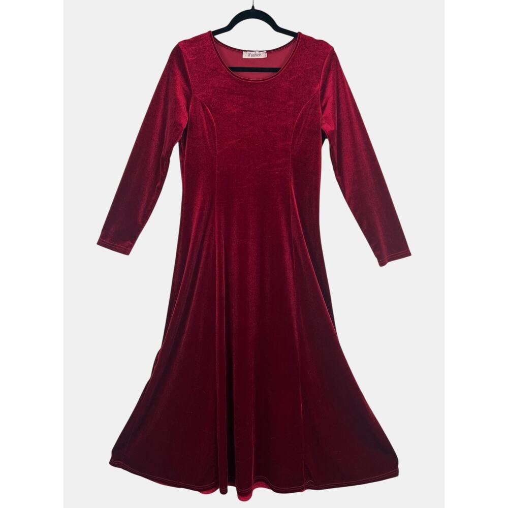Red Velour Midi Dress Long Sleeve Fit & Flare Stretch Minimalist Small 6 - Picture 1 of 7